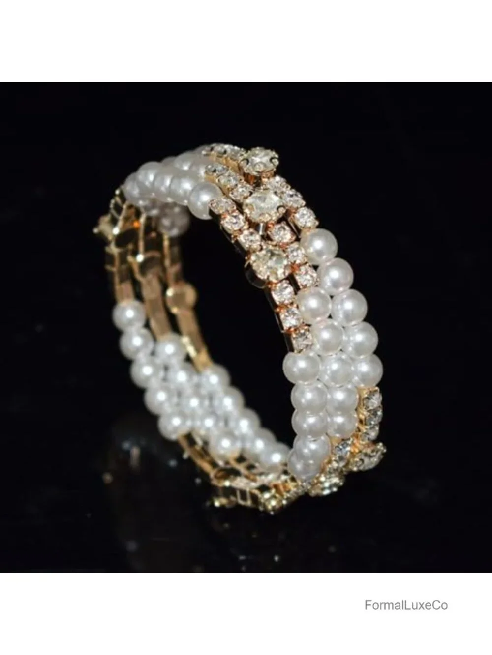 Layered Rhinestone Pearl Cuff Bracelet Baroque Bridal Bangle
